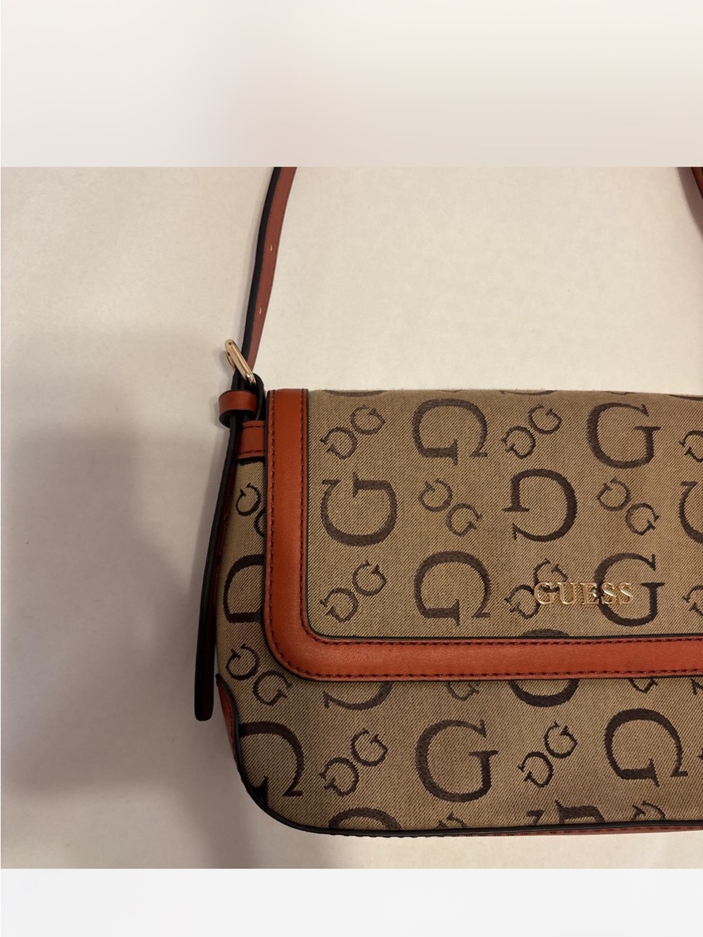 GUESS Brown Logo Crossbody with Tan Trim and Gold Logo